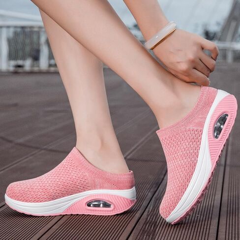 Orthopedic Mule Clogs for Women Stretch Knitted Platform Closed Round Toe Comfortable Breathable Air Cushion Walking Sliipers Open Back Wedge Heel Casual Mules Sneaker with Arch Support in Saudi Arabia