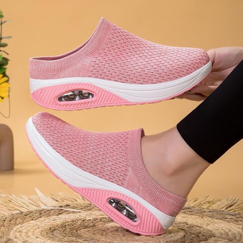 Orthopedic Mule Clogs for Women Stretch Knitted Platform Closed Round Toe Comfortable Breathable Air Cushion Walking Sliipers Open Back Wedge Heel Casual Mules Sneaker with Arch Support in Saudi Arabia