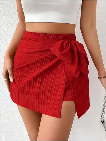 WDIRARA Women's Striped Bow Knot Side Shorts Elastic Waistband Asymmetrical Hem Ruched Skort Short in Saudi Arabia