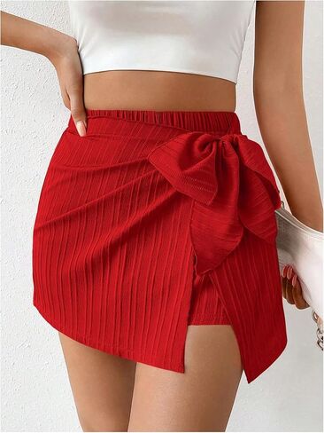 WDIRARA Women's Striped Bow Knot Side Shorts Elastic Waistband Asymmetrical Hem Ruched Skort Short in Saudi Arabia