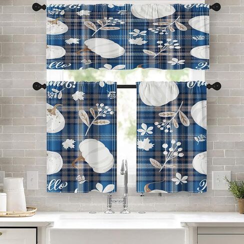Fall Pumpkin Vintage Kitchen Window Curtains Valance and Tier Set 36 Inch, Autumn Orange Leaves 3 Piece Window Treatment Tiers for Living Room Bedroom Kitchen Decor Drapes in Saudi Arabia