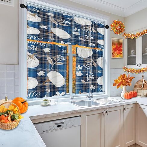 Fall Pumpkin Vintage Kitchen Window Curtains Valance and Tier Set 36 Inch, Autumn Orange Leaves 3 Piece Window Treatment Tiers for Living Room Bedroom Kitchen Decor Drapes in Saudi Arabia