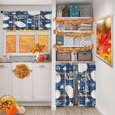 Fall Pumpkin Vintage Kitchen Window Curtains Valance and Tier Set 36 Inch, Autumn Orange Leaves 3 Piece Window Treatment Tiers for Living Room Bedroom Kitchen Decor Drapes in Saudi Arabia