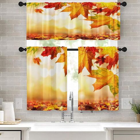 Fall Pumpkin Vintage Kitchen Window Curtains Valance and Tier Set 36 Inch, Autumn Orange Leaves 3 Piece Window Treatment Tiers for Living Room Bedroom Kitchen Decor Drapes in Saudi Arabia
