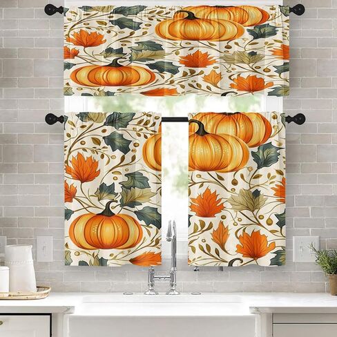 خريف اليقطين خمر نافذة المطبخ الستائر الستارة والطبقة مجموعة 36 بوصة، الخريف أوراق البرتقال 3 قطعة طبقات نافذة العلاج لغرفة المعيشة غرفة نوم ديكور المطبخ الستائر in Kuwait