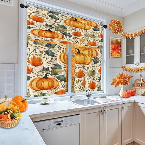 خريف اليقطين خمر نافذة المطبخ الستائر الستارة والطبقة مجموعة 36 بوصة، الخريف أوراق البرتقال 3 قطعة طبقات نافذة العلاج لغرفة المعيشة غرفة نوم ديكور المطبخ الستائر in Kuwait
