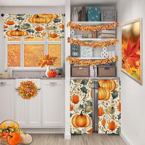 خريف اليقطين خمر نافذة المطبخ الستائر الستارة والطبقة مجموعة 36 بوصة، الخريف أوراق البرتقال 3 قطعة طبقات نافذة العلاج لغرفة المعيشة غرفة نوم ديكور المطبخ الستائر in Kuwait