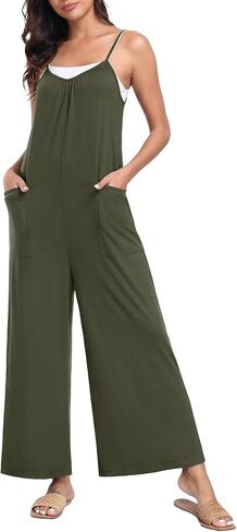PrinStory Womens Summer Casual Sleeveless Jumpsuits Spaghetti Strap Stretchy Romper Loose Long Pant Overalls with Pockets in Saudi Arabia