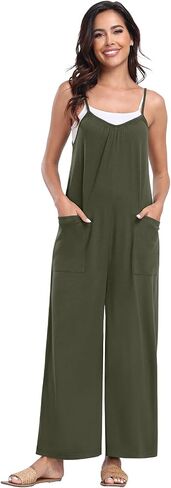 PrinStory Womens Summer Casual Sleeveless Jumpsuits Spaghetti Strap Stretchy Romper Loose Long Pant Overalls with Pockets in Saudi Arabia