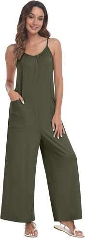 PrinStory Womens Summer Casual Sleeveless Jumpsuits Spaghetti Strap Stretchy Romper Loose Long Pant Overalls with Pockets in Saudi Arabia