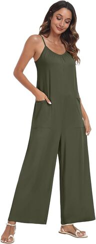 PrinStory Womens Summer Casual Sleeveless Jumpsuits Spaghetti Strap Stretchy Romper Loose Long Pant Overalls with Pockets in Saudi Arabia