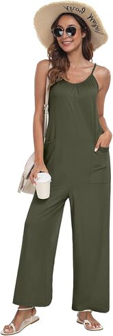 PrinStory Womens Summer Casual Sleeveless Jumpsuits Spaghetti Strap Stretchy Romper Loose Long Pant Overalls with Pockets in Saudi Arabia