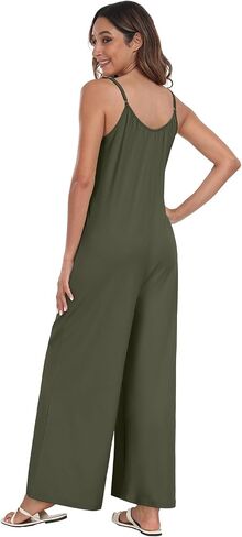 PrinStory Womens Summer Casual Sleeveless Jumpsuits Spaghetti Strap Stretchy Romper Loose Long Pant Overalls with Pockets in Saudi Arabia