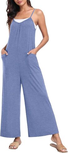 PrinStory Womens Summer Casual Sleeveless Jumpsuits Spaghetti Strap Stretchy Romper Loose Long Pant Overalls with Pockets in Saudi Arabia