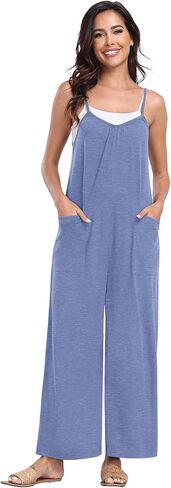 PrinStory Womens Summer Casual Sleeveless Jumpsuits Spaghetti Strap Stretchy Romper Loose Long Pant Overalls with Pockets in Saudi Arabia