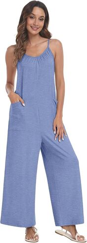 PrinStory Womens Summer Casual Sleeveless Jumpsuits Spaghetti Strap Stretchy Romper Loose Long Pant Overalls with Pockets in Saudi Arabia