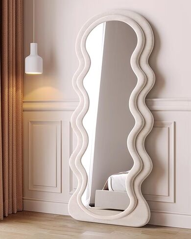 OGCAU Full Length Mirror, Wavy Mirror Full Length, 63"x24" Irregular Wave Floor Mirror, Full Length Wall Mirror with Flannel Frame, Full Body Mirror Standing Hanging or Leaning for Bedroom (Pink) in Saudi Arabia
