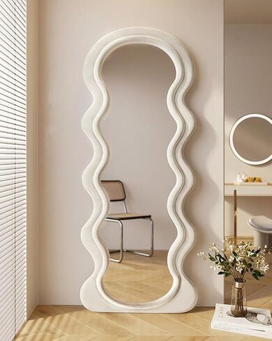 OGCAU Full Length Mirror, Wavy Mirror Full Length, 63"x24" Irregular Wave Floor Mirror, Full Length Wall Mirror with Flannel Frame, Full Body Mirror Standing Hanging or Leaning for Bedroom (Pink) in Saudi Arabia