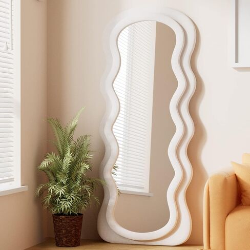 OGCAU Full Length Mirror, Wavy Mirror Full Length, 63"x24" Irregular Wave Floor Mirror, Full Length Wall Mirror with Flannel Frame, Full Body Mirror Standing Hanging or Leaning for Bedroom (Pink) in Saudi Arabia