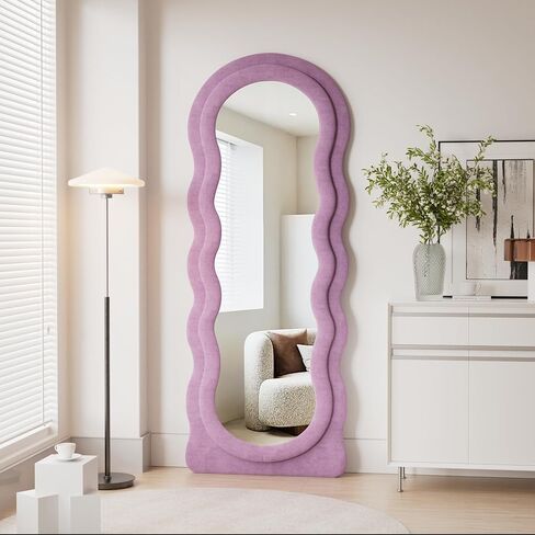 OGCAU Full Length Mirror, Wavy Mirror Full Length, 63"x24" Irregular Wave Floor Mirror, Full Length Wall Mirror with Flannel Frame, Full Body Mirror Standing Hanging or Leaning for Bedroom (Pink) in Saudi Arabia
