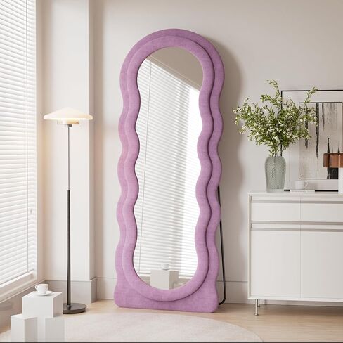 OGCAU Full Length Mirror, Wavy Mirror Full Length, 63"x24" Irregular Wave Floor Mirror, Full Length Wall Mirror with Flannel Frame, Full Body Mirror Standing Hanging or Leaning for Bedroom (Pink) in Saudi Arabia