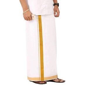 Kolakeer™ Men's Cotton Dhoti with Elegant Kasavu Zari Border - 3.6 Mtrs/8 Mulam/Double Layer South Indian Veshti Mundu (100K Gold Zari, White)