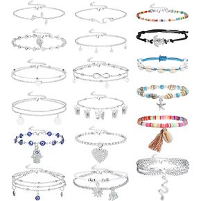 Sanfenly Ankle Bracelets for Women, Ankle Jewelry, Gold Silver Cute Summer Boho Beach Shell Butterfly Rhinestone Beaded Evil Eye Snake Heart Turtle Hamsa Sun Elephant Wave Flower Starfish Coin Rose Star Infinity Pearl Charms Layered Anklet Set Adjustable