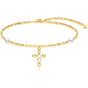 14K Gold Cross Anklet with Pearls for Girls Women,Yellow Gold Religious Faith Cross Beach Adjustable Foot Ankle Bracelet Fine Jewelry Gifts for Her Wife Mom,8+1+1 inch