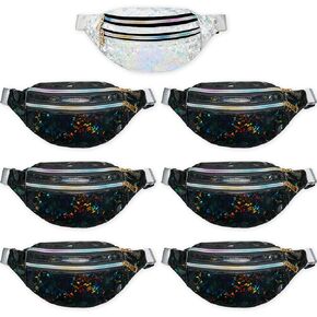 7 Pack Bachelorette Fanny Pack Holographic Fanny Pack Bride Bridesmaid Waist Bag for Wedding Bachelorette Party(Silver, Black)
