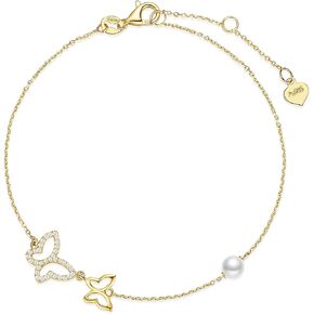 FANCIME Real Solid 14K Yellow Gold Butterfly Bracelet with 4mm Freshwater Pearls Luxury Cubic Zircon Adjustable Bracelet Real Pearl Fine Jewelry for Women Wife Daughter 6.7’’+1.2’’ Extender 1.6g