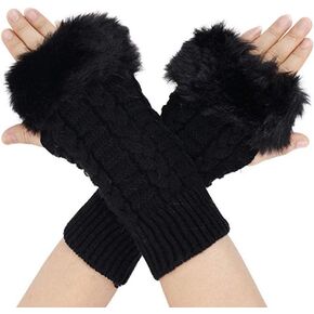 Teensery Winter Knit Fingerless Gloves Black Long Faux Fur Crochet Thumbhole Arm Wrist Warmer Mittens for Women and Girls