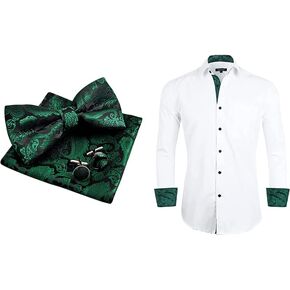 Alizeal Mens Paisley Bow Tie and Floral Jacquard Handkerchief-Dark Green, Business Slim Fit Dress Shirt Long Sleeve Patchwork Button-Down Shirt, White and Dark Green-M