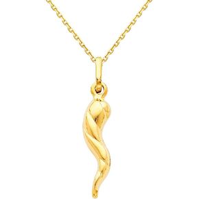 The World Jewelry Center 14k Yellow Gold Twisted Cornicello Italian Horn Pendant with 0.9mm Cable Chain Necklace