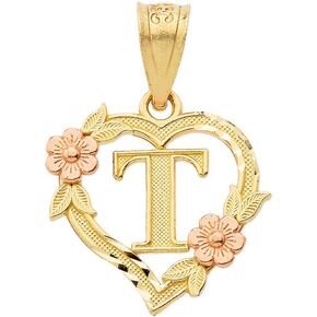 14k Beautiful Two-Tone Initial Heart Pendant for Women in Yellow and Rose Gold - Letter T