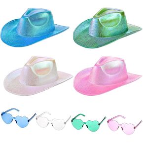 Set of 4 Holographic Space Cowgirl Hat, Metallic Space Cowboy Party Hat with Heart Glasses for Women, Neon Sparkly Glitter Disco Cowgirl Rave Hat for Costume Dress Up Party Accessories