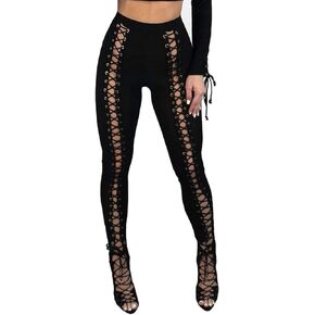 Rainbow Town Women Lace Up Leggings Chic Punk Skinny Pants Slimming Trousers Gym Capris S-XL