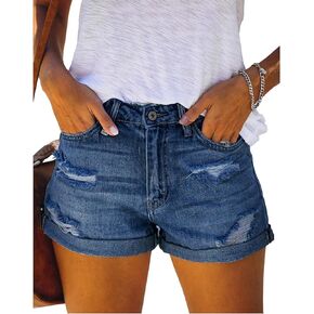 Bichingda Denim Shorts for Women Ripped Mid Rise Stretchy Folded Hem Short Jeans Casual Denim Shorts Hem Hot Short Jeans