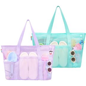 Tagitary Mesh Beach Bag with Zipper and 8 Pockets Purple & Blue, Large Beach Tote Waterproof Sandproof for Camping Sports Pool Swim Bag Foldable Beach Accessories Storage Travel Bag