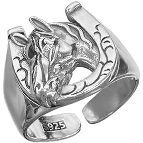 Horse Head Personalized Open Ring for Men Boys Retro Trendy Horseshoe Punk Knuckle Middle Comfort Fit Finger Band U Shaped Fashion Rings Birthday Valentine's Day Gift for Boyfriend Dad