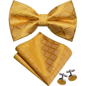 GUSLESON Mens Plaid Checkered Bow Tie Handkerchief Jacquard Woven Adjustable Pre-Tied Bowties Pocket Square Cufflinks Set