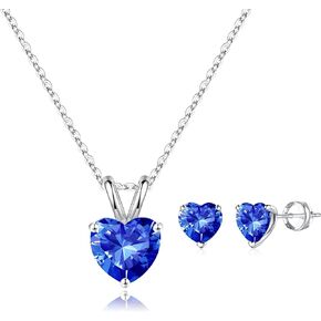 SMILIST S925 Sterling Silver Sapphire Heart Birthstone Pendant Earrings Set for Women Girls, Valentines Christmas Thanksgiving Birthday Jewelry Gifts
