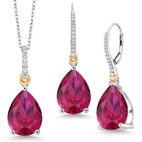 Gem Stone King 925 Sterling Silver and 10K Yellow Gold Red Created Ruby and White Moissanite Pendant Earrings Set For Women (29.12 Cttw, Pear Shape 16X12MM, with 18 Inch Chain)