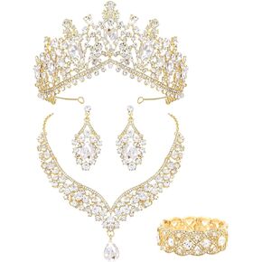 Tiaras and Crowns for Women, Wedding Jewelry Set For Women, 5-pack Crown Earrings Necklace Bracelet, Bridal Jewelry Set For Bride, Crystal Costume Party Birthday Prom Pageant Jewelry for