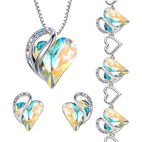 Leafael Infinity Love Heart Necklace, Stud Earrings, and Bracelet for Women, April Birthstone Crystal Jewelry, Silver Tone Gifts for Women, Rainbow Opal White