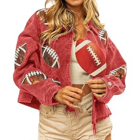 CHARTOU Women Vintage Distressed Cropped Corduroy Jacket Oversized Frayed Rugby Sequin Short Shacket Jacket