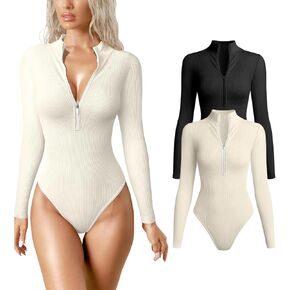 GTETKDE Women's 2 Piece Bodysuits Sexy Ribbed One Piece Zip Front Long Sleeve Deep V Tops Bodysuits in Kuwait
