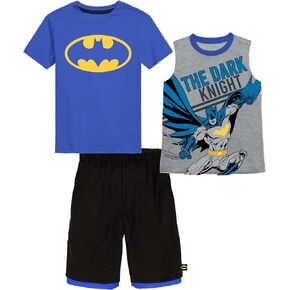 مجموعة وارنر براذرز باتمان، ذا فلاش، تي شيرت بأكمام قصيرة للبطل الخارق من فرقة العدالة للأولاد، قميص بدون أكمام وشورت شبكي in Kuwait