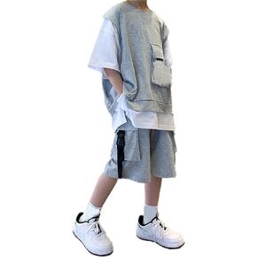 SANGTREE Boys Clothes Fake Two Piece Pullover Crewneck T Shirt + Cargo Shorts 2PCS Outfits Set, 3-12 Years