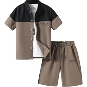 Verdusa Boy's 2 Piece Outfits Letter Print Color Block Short Sleeve Button Up Top and Shorts Set