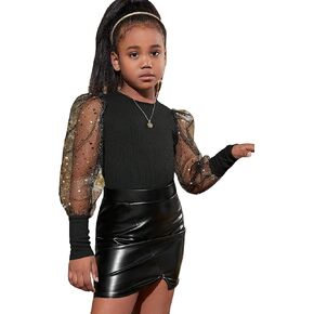 WDIRARA Girl's Round Neck Long Sleeve Contrast Mesh and Contrast Sequin Party Top